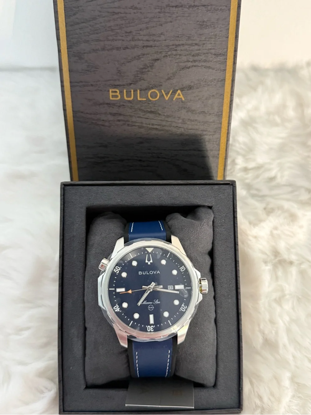 Bulova Marine Star Men’s Watch 96B419 Blue Leather NWT Box